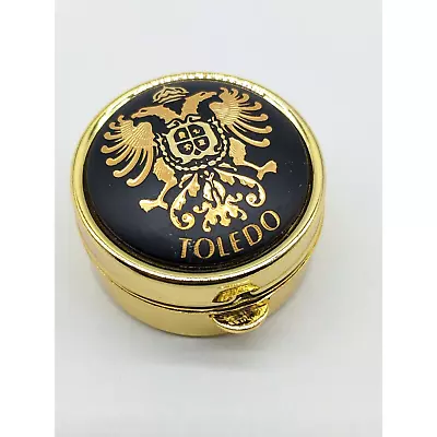 Vintage Damascene Spanish Round Pillbox From Spain 24K Gold & Steel Eagle Toledo • $22