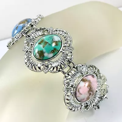 VTG SARAH COVENTRY Signed Green Pink Blue Cabochon Silver Tone Bracelet 7.25  • $28.99