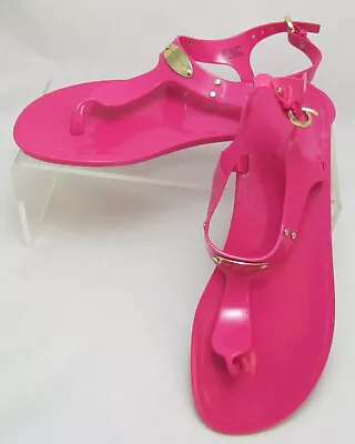 Michael Kors Retro JELLY SANDAL Ankle T-Strap LOGO PLATE Barbie HOT PINK Size 8 • $19