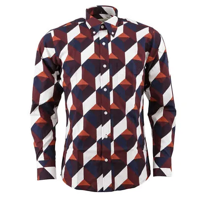 Relco Shirt Geometric 70's Mens Long Sleeve Button Down Collar Semi Fitted • £44.99