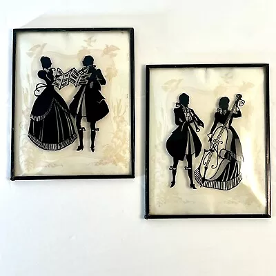 VINTAGE SILHOUETTE Convex Glass Reversed Painted Victorian Couple Musician Set 2 • $34.95