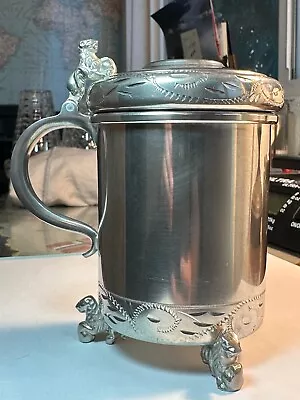 Etched Pewter Norway  Vesttinn Viking Stein Mug Lion Head Handle & Footed 60's • $60