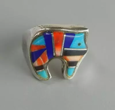 Vintage Bear Ring Sterling Silver Zuni Inlay Turquoise Spiny Oyster Size 10.25 • $74