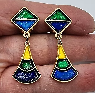 Quality Vintage Jewel Toned West Germany Dangle Drop Clip On Earrings Retro 80s  • $18