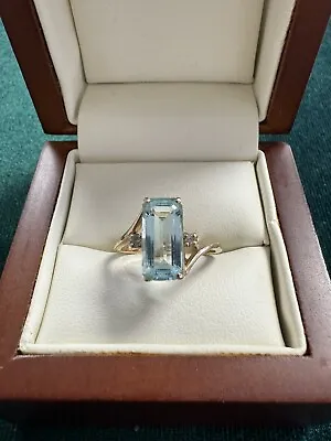 14k Gold Vintage Aquamarine Emerald Cut Diamond Ring Jewelry Antique Style • $199