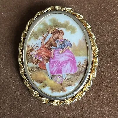 Limoges Porcelain Brooch France Featuring Courting Couple By Fragonard Replica • £20