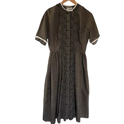 Vintage 50s L'Aiglon Shirt Day Dress Medium Brown Black Plaid Embroidered A Line • $68.99