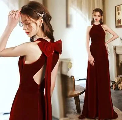 Elegant Wine Red Open Back Bowknot Halter Gown Cocktail Velvet Evening Dresses M • $90.68