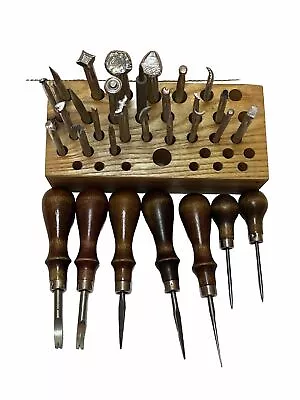 Vintage Leather Craft Tools Punch Awls Assorted Lot Of 33 Wooden Handle Crafting • $100