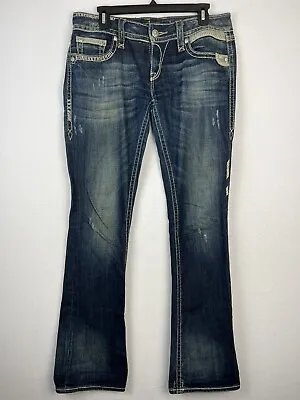 $33 • Buy Rock Revival Jeans Womens Size 29 Alanis Boot Cut Distressed Blue Denim Mid Rise