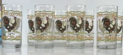 Crisa Rooster Drinking Glasses Double Sided Weighted 16 Oz. Vintage Set Of 8 • $35