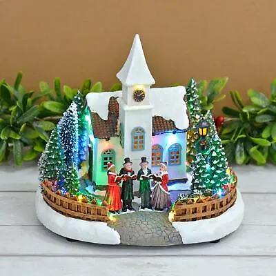 Light Up Church Scene Christmas Ornament LED Glittering Snow Carol Singers 25cm • £29.99