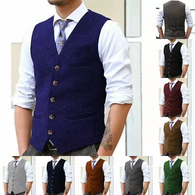 Hunting Mens Vests Tweed Lined Herringbone Waistcoats Vintage Wedding Wool Retro • $43.99