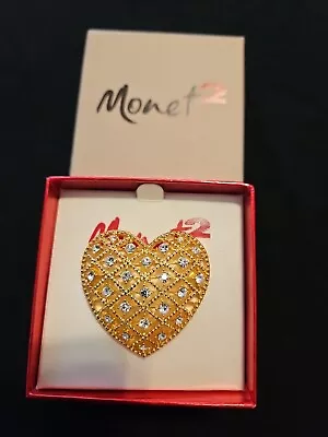 Beautiful Monet 2 Gold Tone Rhinestones Heart Brooch Pin NIOB • $12.50