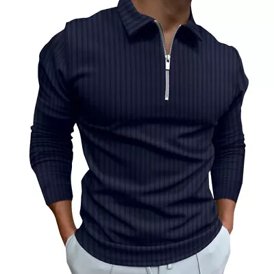 Mens Long Sleeve Polo Shirt Golf Sport Slim Fit Zipper T Shirt Tops Striped Tee • $15.99