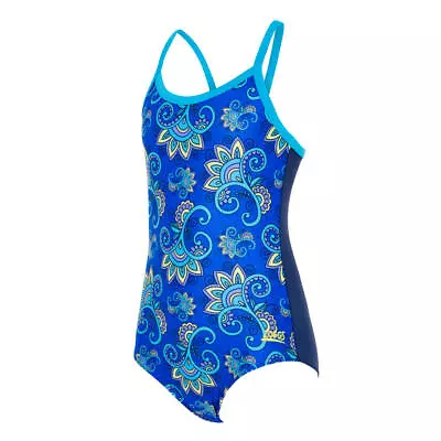 Zoggs Girls Blue Baroque Strike Back Swimsuit Age 5-6 Back Detail • £7.97