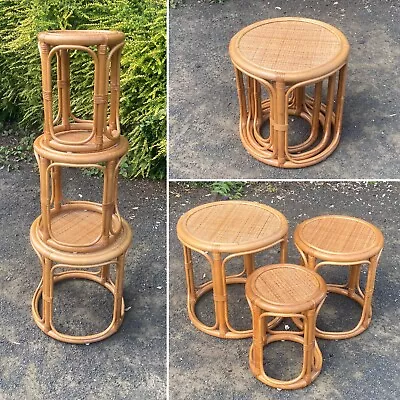 Vintage Trio Of Bamboo / Cane Wicker Nest Of Tables / Side Occasional Tables. • £135