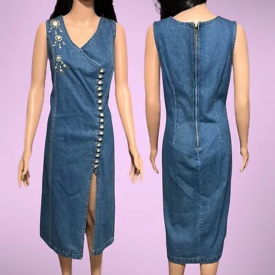 Vintage 80s Embellished Long Denim Dress Sz Large Country Western Retro  • £57