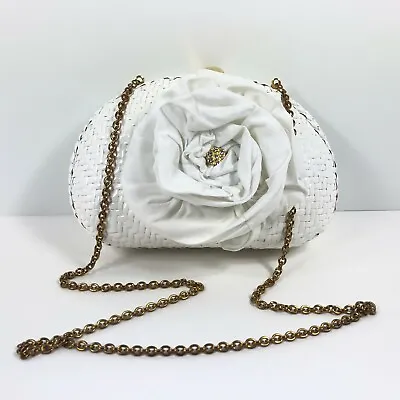 Vintage Vanessa Handbag Lacquered Wicker White Gold Chain Fabric Flower Accent • $29.99