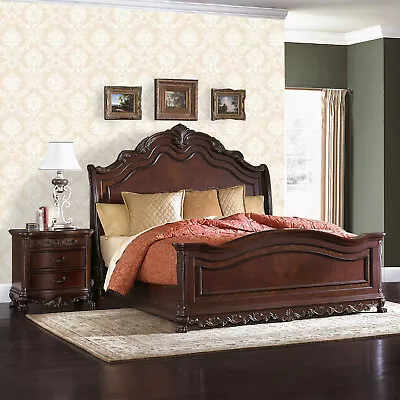 Old World Sleigh Bed Queen King Wood Bed Cherry Brown Bedroom Furniture Set • $1399.99