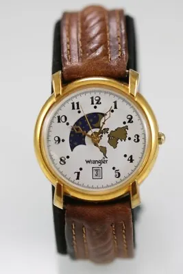 Wrangler Watch Men Gold Stainless Steel Leather Brown Moon Date WR White Quartz • $27.95