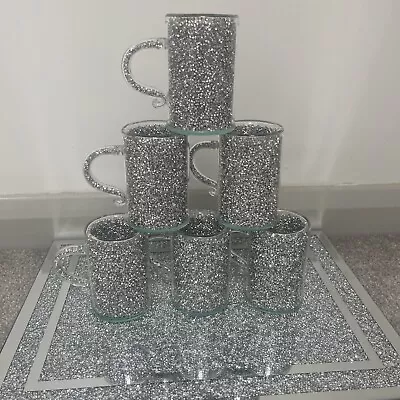 Set Of 6 Silver Crushed Diamond Crystal Filled Glass Mug Turkish Coffee Tea Cup • £24.99