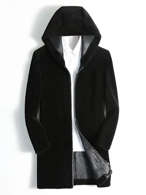 Sheepshear Fur All-in-one Men Mid-length Hooded Genuine Leather Coat Fur Jacket • $176.32
