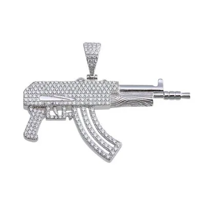 Sterling Silver Gun Hip Hop Pendant W/ Micro Pave CZ Stones • $47.99