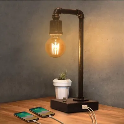 Industrial Table Lamp With USB Charging Ports Dimmable Steampunk Lamp Metal Pipe • $29.99