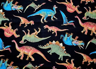 BTY*FACE MASKS* LARGE DINOSAURS ON BLACK FLANNEL 100% COTTON FABRIC 42x36  • £16.38