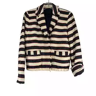 J Crew Collection Woven Blazer Womens Size 2 Blue Red Cream Striped Cropped • $49.99
