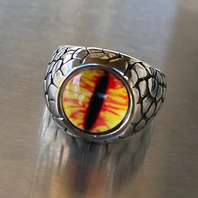 Mens Yellow Reptile Eye Ring Snake Dragon Cats Goth Punk Stainless Steel Sz 7-13 • $12.95