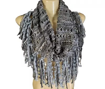 NEW Hand Knitted Gray Multi Infinity Boho Cowl Scarf Fringe Handmade Gift Knit • $30.62