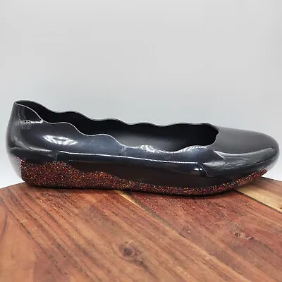 Melissa Tessa Shoes Women's 10 Black Colorful Glitter Jelly Wedge Flat Loafers • $49.97