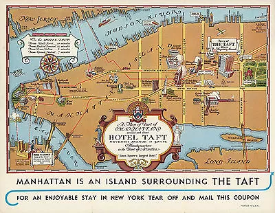 Vintage Map Manhattan New York Hotel Taft History Vintage Wall Art Poster Decor • $13.95