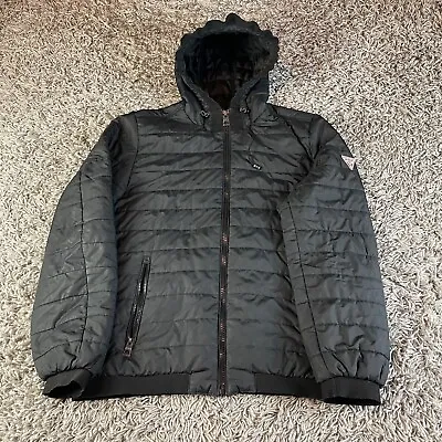 Guess Puffer Jacket Mens Large L Black Hooded Full Zip Bubble Logo Outdoor USA • $29.75