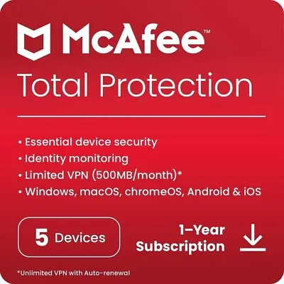 £12.99 • Buy McAfee Total Protection 2023, 5 Multi-Devices 1 Year For PC | Mac | Android
