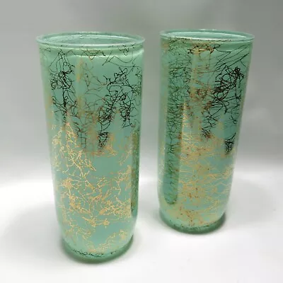 Vintage Mid Century Candle Holders OI Glass Candle-Tainer Turquoise Gold Drizzle • $40