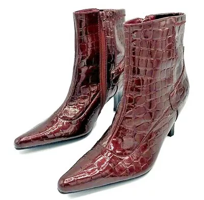 Madeline Womens Patent Maroon Pointed Ankle Zippered Heeled Boots USA 6   • $36.33