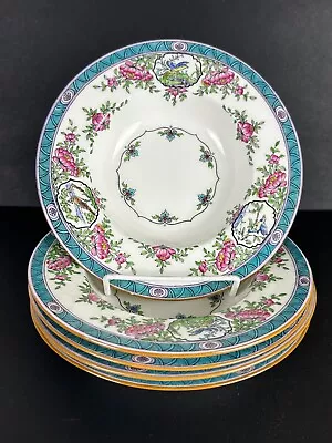 Antique Mintons England Japonica Enamel Bird Design Rimmed Soup Bowls Set Of 5 • $185