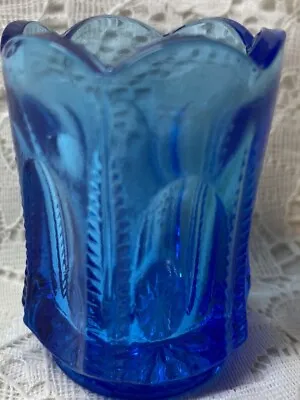 $0.98 • Buy Aqua Blue Glass Toothpick Cobalt Q-tip Holder Match Zipper Fluted Pattern Art 2 