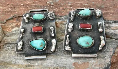 Old Patina Navajo  Sterling Turquoise & Coral Watch Tip Set Estate Find !!! • $119.95
