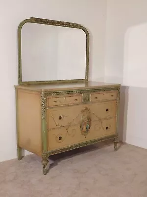 ANTIQUE Barbola French Louis XVI ROMANTIC Painted Shabby Chest Dresser W Mirror • $1750