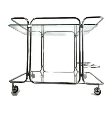 Bar Cocktail Tea Cart Trolley Hollywood Regency Kitchen Island Chrome  Glass Top • $626.75