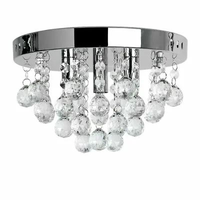 Modern Chrome & Crystal Flush Ceiling Light Fitting Acrylic Jewel Droplets LED • £39.99