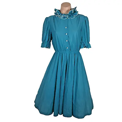 NANCY STEVENS Vintage Full Circle Skirt Teal Ruffle Collar Button Down A-Line • $75