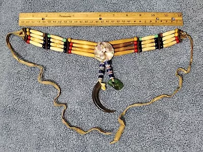 Vintage Bone Choker Native American Tribal Necklace Beaded Chevrons Tile Conch • $129