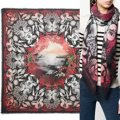 $483.93 • Buy NEW $490 ALEXANDER MCQUEEN Black DREAM SHELL SKULL Ocean Modal Wool Shawl SCARF