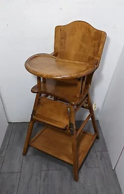 Antique Maple Wood Convertible Folding Baby High Chair Stroller Rustic Victorian • $315