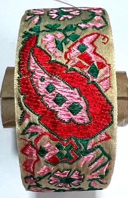 Vintage French Silk Jacquard Trim Paisley Red PinkGr Matte Gold 1 1/2 W(B32A) • $6.99